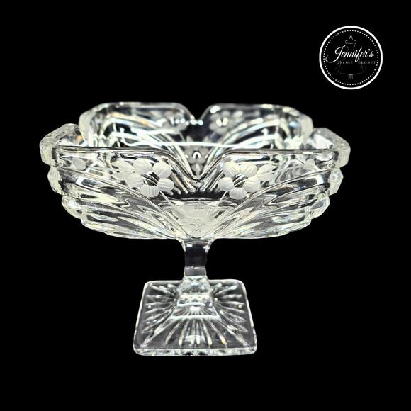 Vintage Hand Cut Frosted Etched Floral Crystal Square Pedestal Compote Dish - Picture 1 of 16